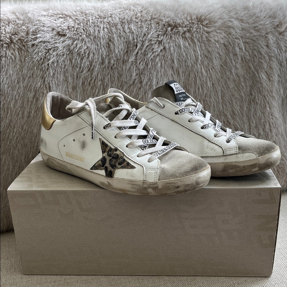 Golden Goose Women's White and Gold Sneakers with Leopard Star